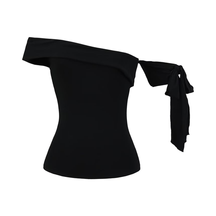 One Shoulder Sleeveless Top with Plain Tie-Up Detail and Asymmetric Cut