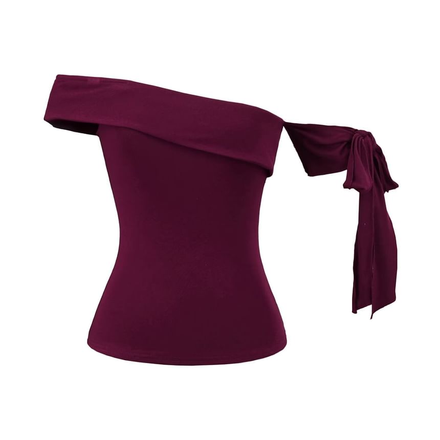 One Shoulder Sleeveless Top with Plain Tie-Up Detail and Asymmetric Cut