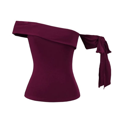 One Shoulder Sleeveless Top with Plain Tie-Up Detail and Asymmetric Cut