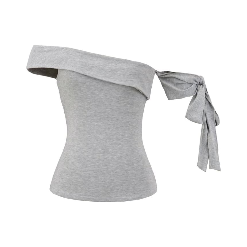 One Shoulder Sleeveless Top with Plain Tie-Up Detail and Asymmetric Cut