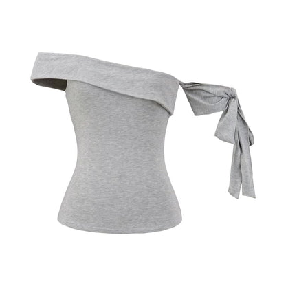One Shoulder Sleeveless Top with Plain Tie-Up Detail and Asymmetric Cut