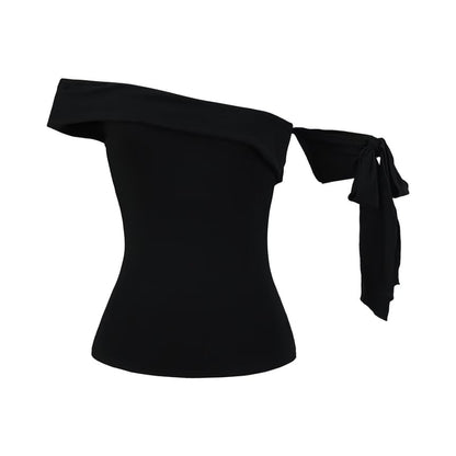 One Shoulder Sleeveless Top with Plain Tie-Up Detail and Asymmetric Cut