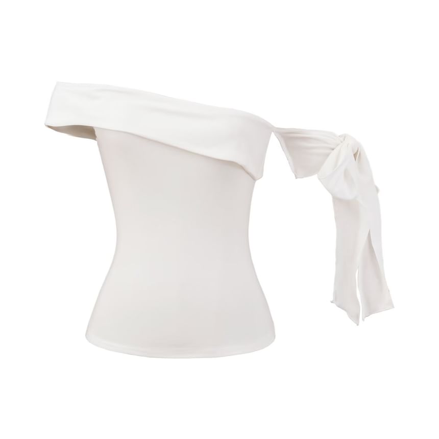 One Shoulder Sleeveless Top with Plain Tie-Up Detail and Asymmetric Cut