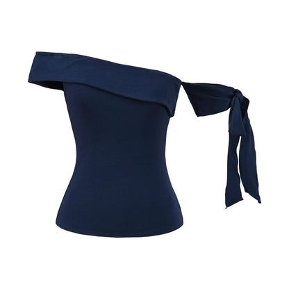 One Shoulder Sleeveless Top with Plain Tie-Up Detail and Asymmetric Cut
