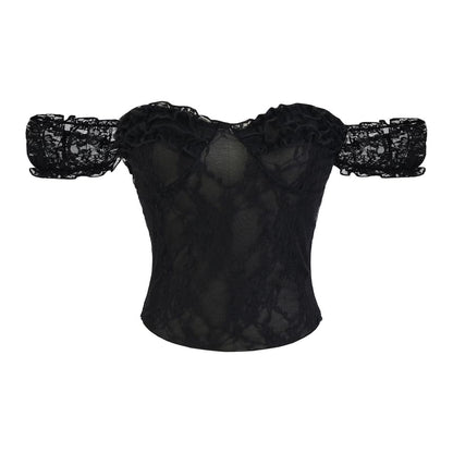 Off Shoulder Sleeveless Lace Top with Plain Frill Detail and Romantic Style