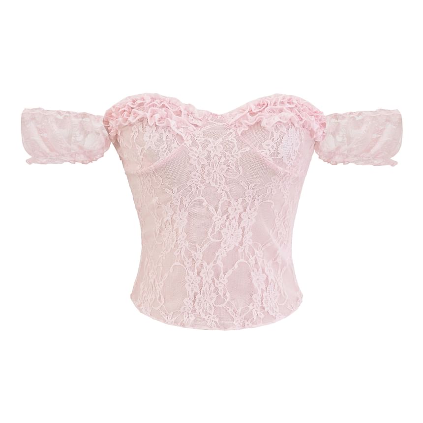 Off Shoulder Sleeveless Lace Top with Plain Frill Detail and Romantic Style