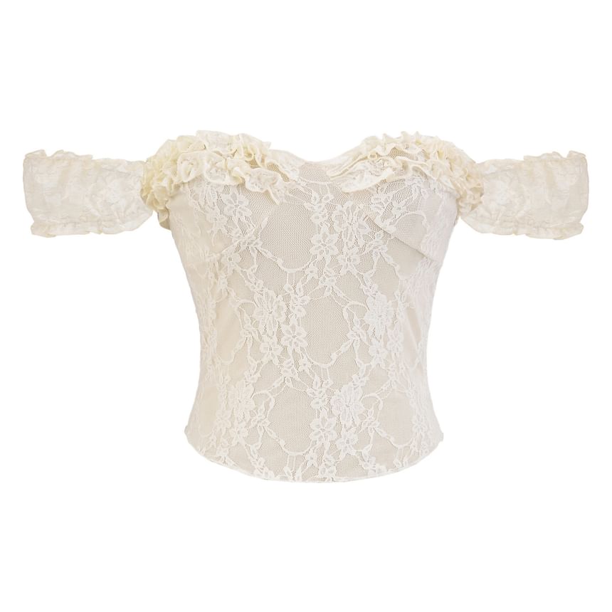 Off Shoulder Sleeveless Lace Top with Plain Frill Detail and Romantic Style