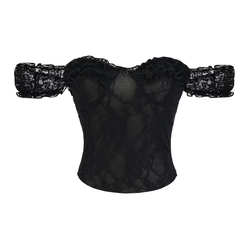 Off Shoulder Sleeveless Lace Top with Plain Frill Detail and Romantic Style