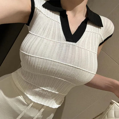 Two-Tone Ribbed Knit Polo Top with Cap Sleeves and Open Placket Detail