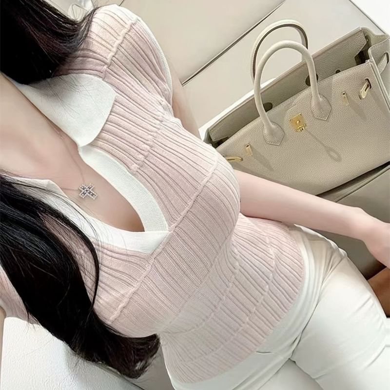 Two-Tone Ribbed Knit Polo Top with Cap Sleeves and Open Placket Detail