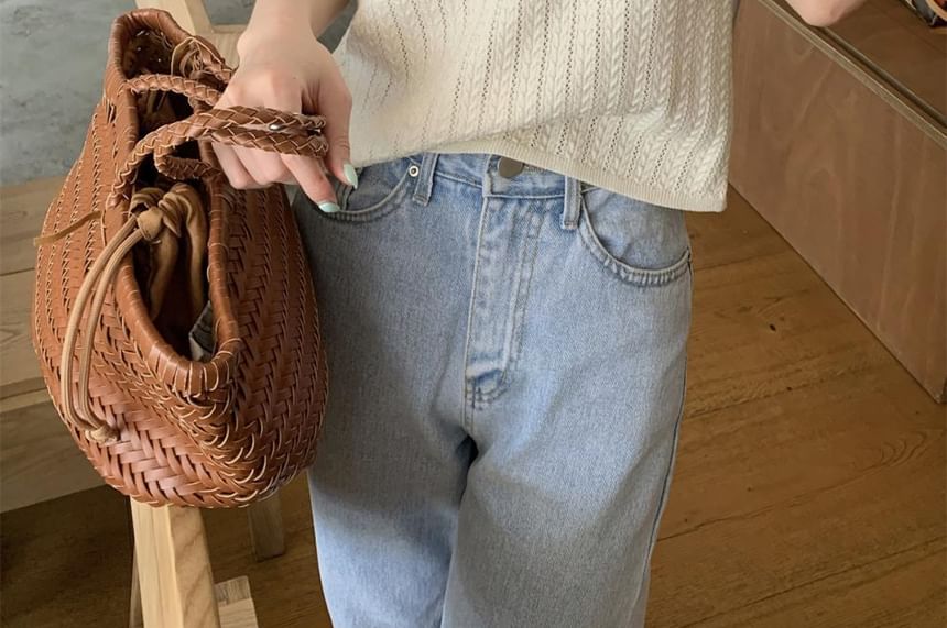Plain Cable Knit Top with Short Sleeves and Round Crew Neckline