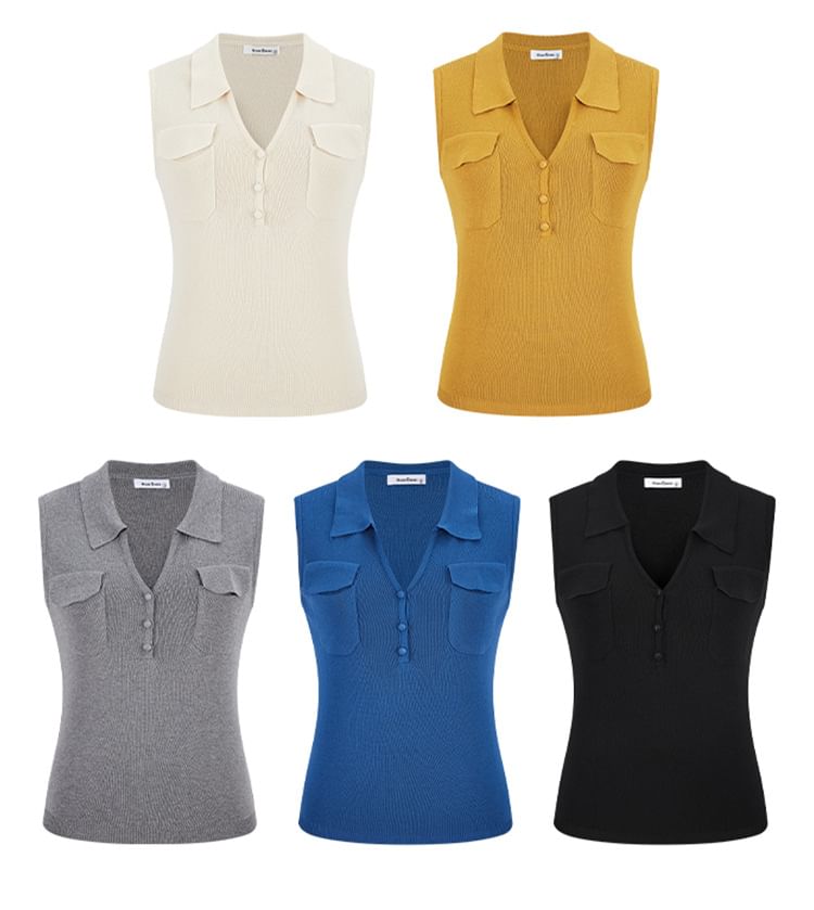 Collared V-Neck Knit Top with Sleeveless Plain Flap Pocket and Refined Style