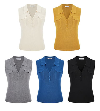 Collared V-Neck Knit Top with Sleeveless Plain Flap Pocket and Refined Style
