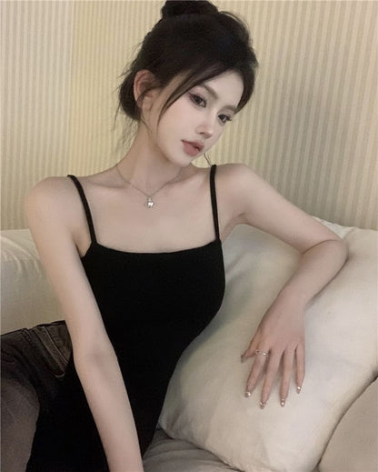 Asymmetrical Slit Padded Camisole Top with Plain Finish and Sleek Cut