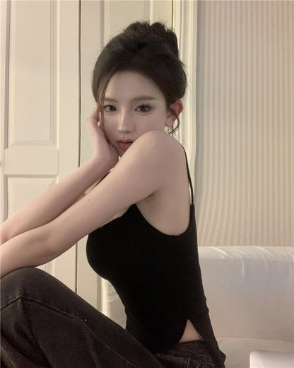 Asymmetrical Slit Padded Camisole Top with Plain Finish and Sleek Cut