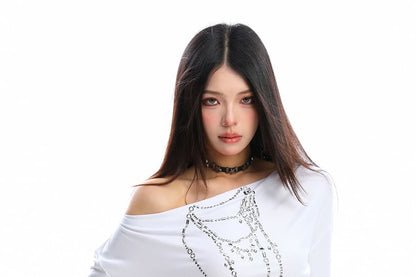 Off-Shoulder Studded Ruched Slim-Fit Long-Sleeve Tee