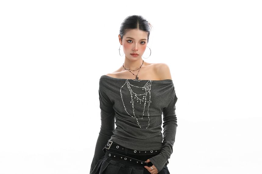 Off-Shoulder Studded Ruched Slim-Fit Long-Sleeve Tee
