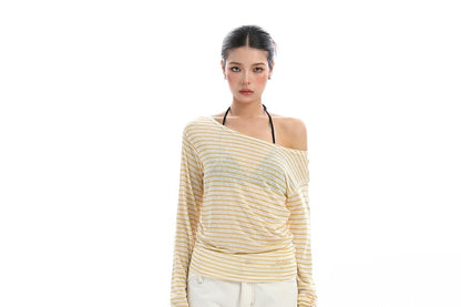 Sheer Striped Off-Shoulder Long-Sleeve T-Shirt