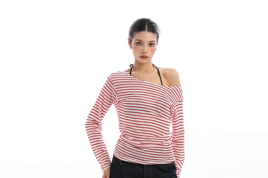 Sheer Striped Off-Shoulder Long-Sleeve T-Shirt