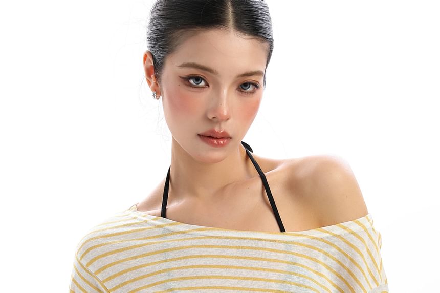 Sheer Striped Off-Shoulder Long-Sleeve T-Shirt