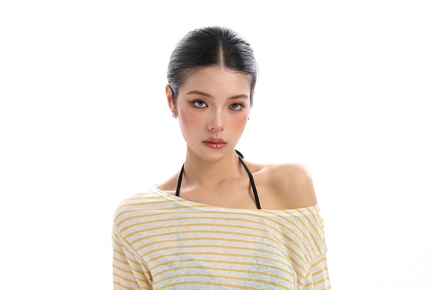 Sheer Striped Off-Shoulder Long-Sleeve T-Shirt