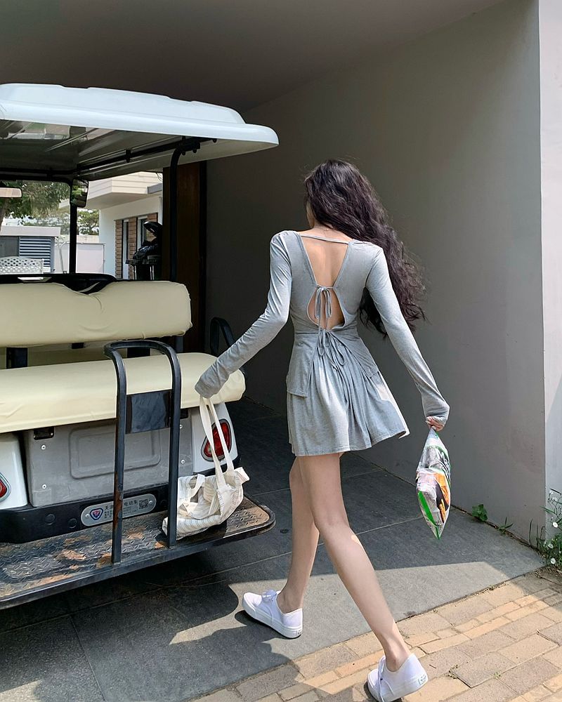 Scoop-Neck Tie-Back Long-Sleeve Tee & High-Waist Mini A-Line Skort