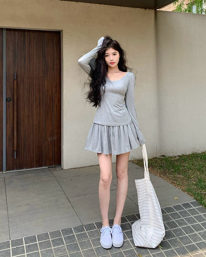 Scoop-Neck Tie-Back Long-Sleeve Tee & High-Waist Mini A-Line Skort