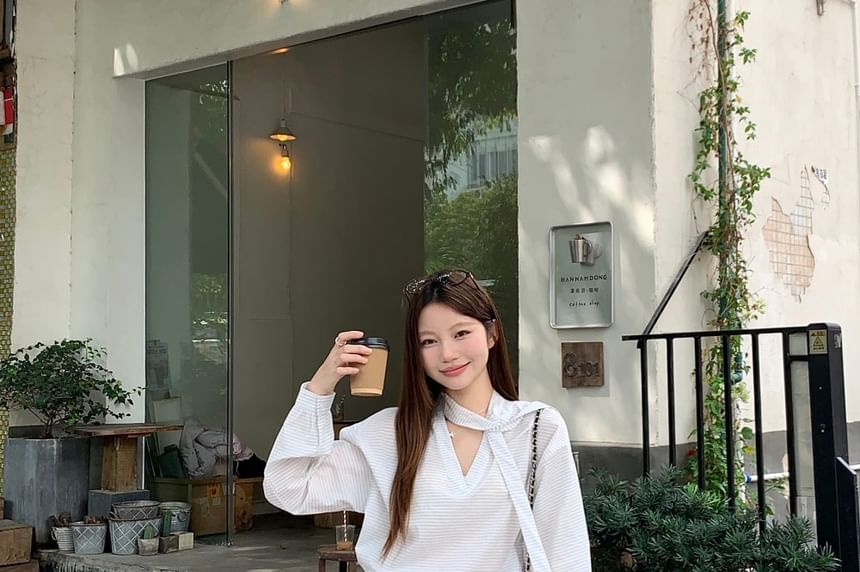 Striped V-Neck Long-Sleeve Blouse & Lace-Trim Overlay Baggy Pants