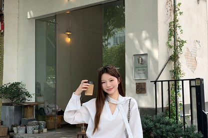 Striped V-Neck Long-Sleeve Blouse & Lace-Trim Overlay Baggy Pants