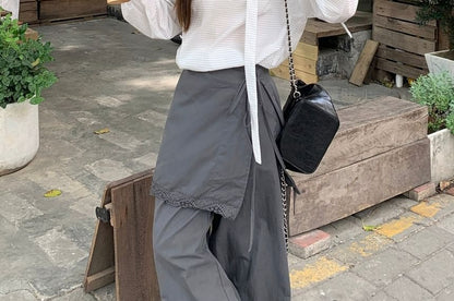 Striped V-Neck Long-Sleeve Blouse & Lace-Trim Overlay Baggy Pants