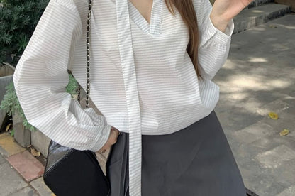 Striped V-Neck Long-Sleeve Blouse & Lace-Trim Overlay Baggy Pants