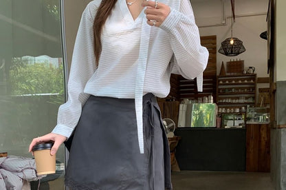 Striped V-Neck Long-Sleeve Blouse & Lace-Trim Overlay Baggy Pants
