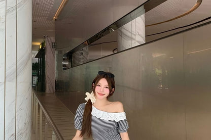 Off-Shoulder Striped Eyelet Lace-Trim Crop Top & High-Rise Baggy Cargo Pants