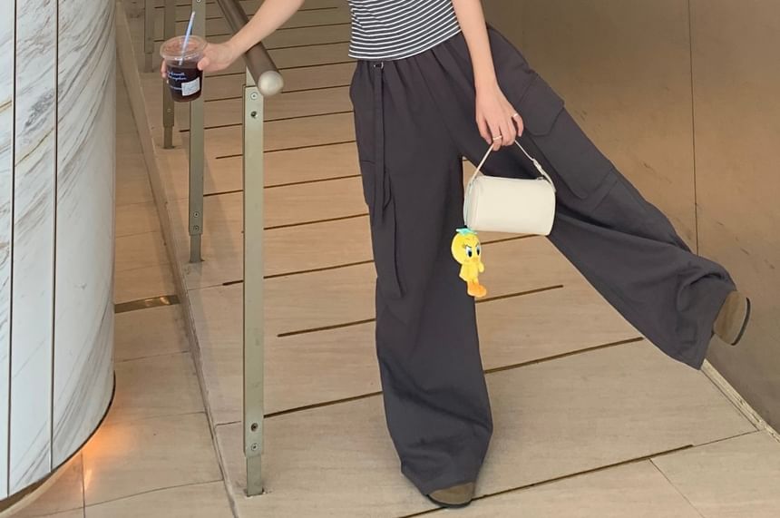 Off-Shoulder Striped Eyelet Lace-Trim Crop Top & High-Rise Baggy Cargo Pants