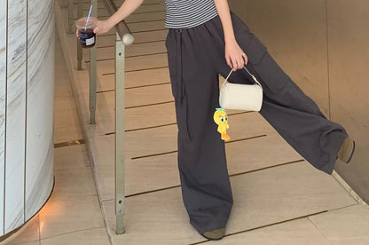 Off-Shoulder Striped Eyelet Lace-Trim Crop Top & High-Rise Baggy Cargo Pants