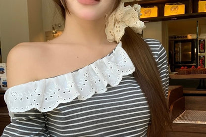 Off-Shoulder Striped Eyelet Lace-Trim Crop Top & High-Rise Baggy Cargo Pants