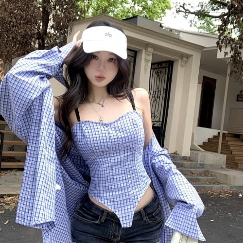 Plaid Padded Crop Camisole & Oversized Button-Up Long-Sleeve Shirt
