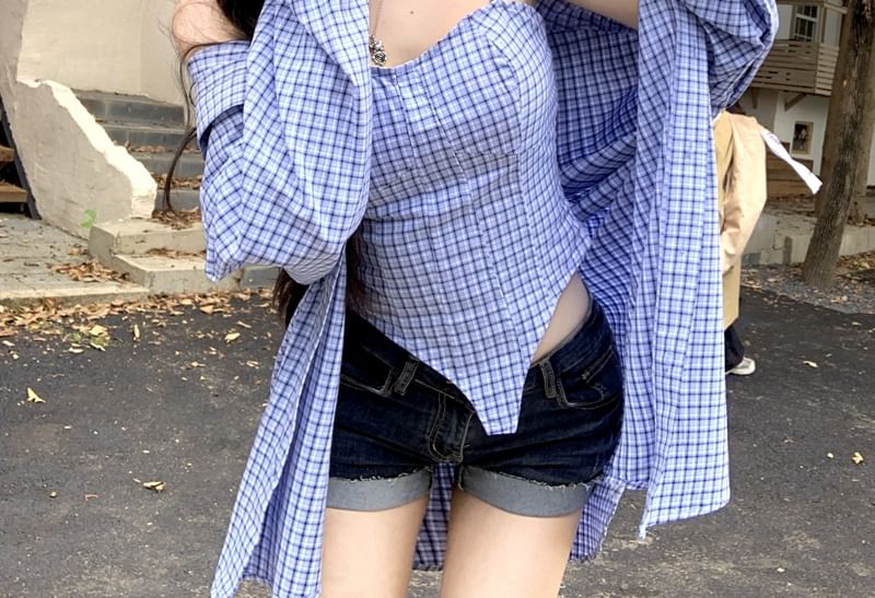 Plaid Padded Crop Camisole & Oversized Button-Up Long-Sleeve Shirt