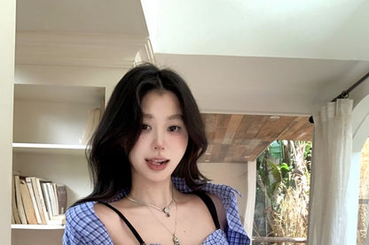 Plaid Padded Crop Camisole & Oversized Button-Up Long-Sleeve Shirt