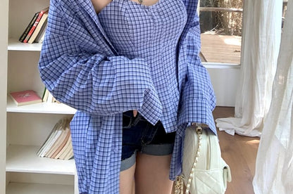 Plaid Padded Crop Camisole & Oversized Button-Up Long-Sleeve Shirt