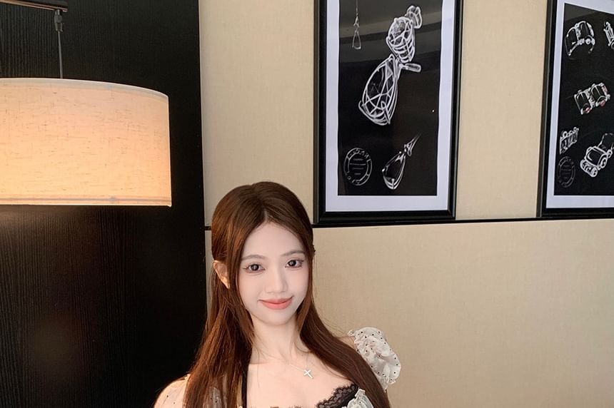 Dotted Puff-Sleeve Crop Blouse with Slit Tie Front & Halter Lace Neckline, Tiered Ruffle Low-Rise Mini Pencil Skirt Set