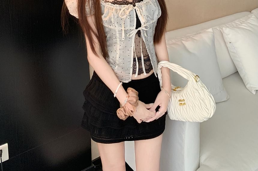 Dotted Puff-Sleeve Crop Blouse with Slit Tie Front & Halter Lace Neckline, Tiered Ruffle Low-Rise Mini Pencil Skirt Set