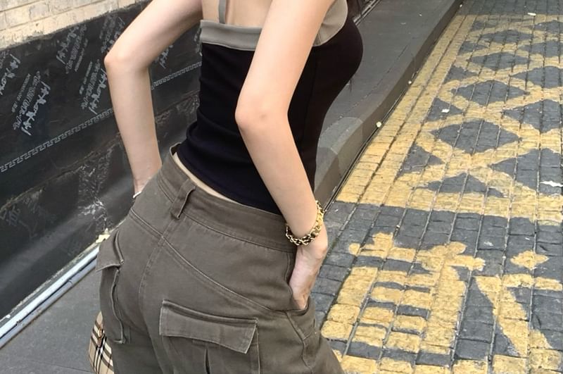 Two-Tone Halter Crop Top with Open Back
