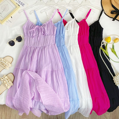 Spaghetti Strap Plain Tiered Tie-Up Midi A-Line Dress
