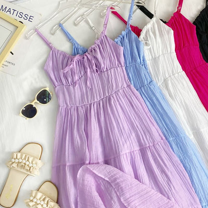 Spaghetti Strap Plain Tiered Tie-Up Midi A-Line Dress