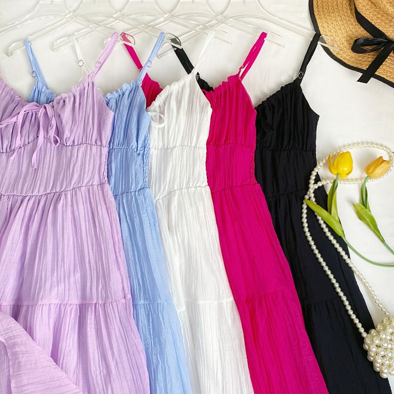 Spaghetti Strap Plain Tiered Tie-Up Midi A-Line Dress