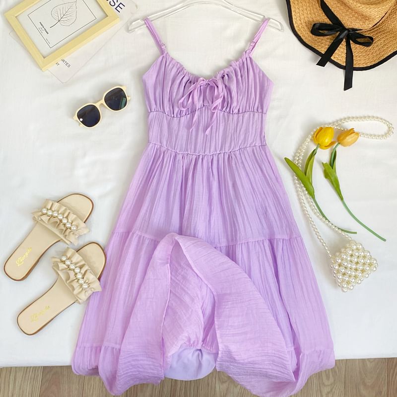 Spaghetti Strap Plain Tiered Tie-Up Midi A-Line Dress