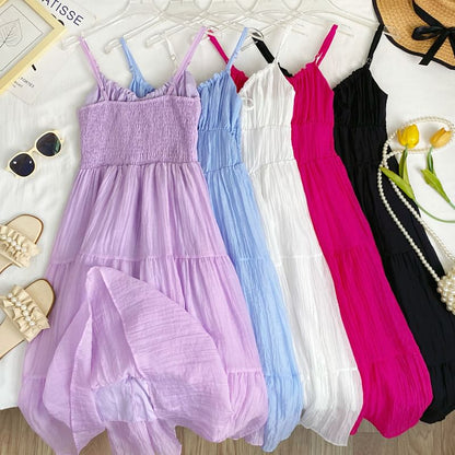 Spaghetti Strap Plain Tiered Tie-Up Midi A-Line Dress