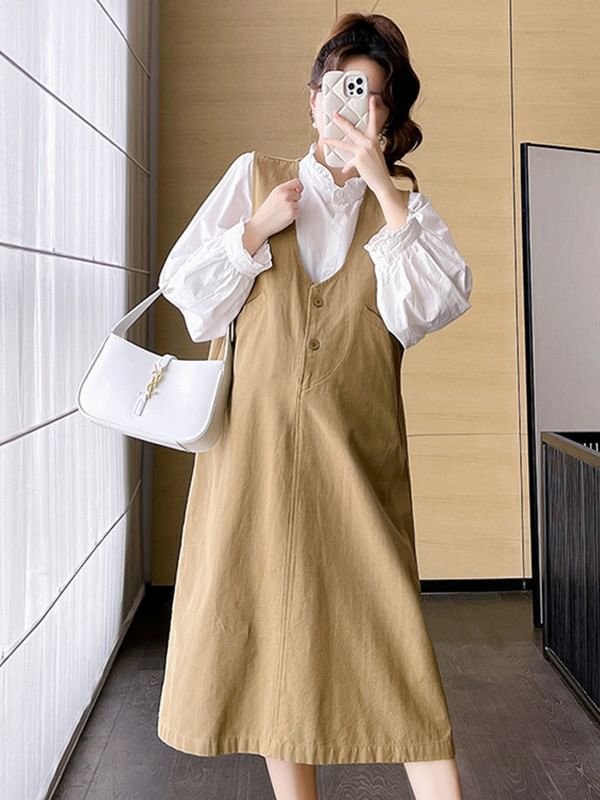 Maternity Frilled Button-Front Stand-Collar Long-Sleeve Blouse & Sleeveless V-Neck Midi Dress