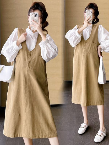 Maternity Frilled Button-Front Stand-Collar Long-Sleeve Blouse & Sleeveless V-Neck Midi Dress